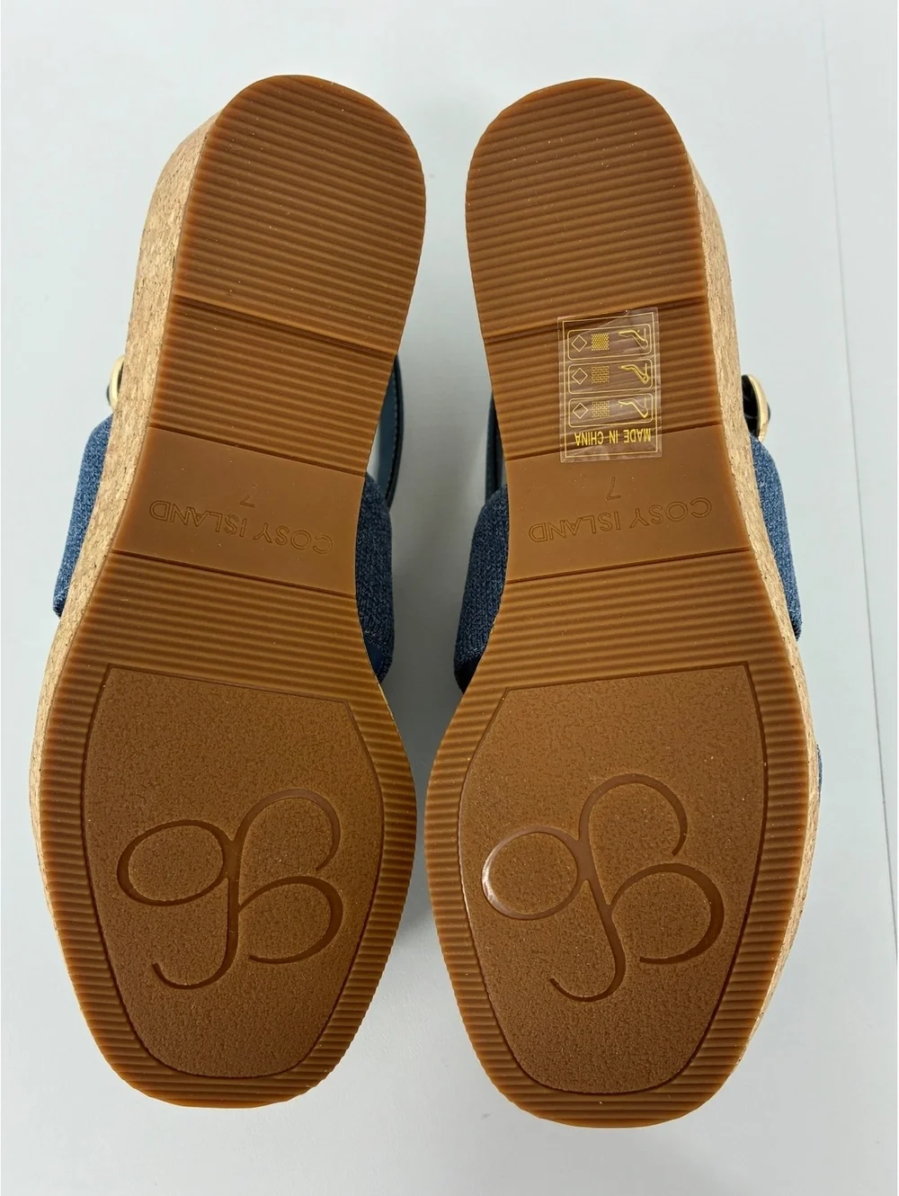 Cosy Island CorkLuxe H-Band Square Toe Blue Fabric Wedge Sandal Women's Size 7